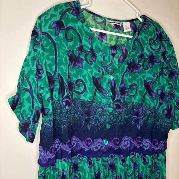 PLUS CLASS by JUST CLASS NEW Dress Womans L Crinkle Short Sleeve Green Purple - Picture 1 of 11